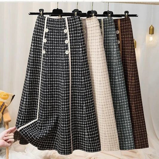 Plaid button knitted skirt women autumn and winter fashion new high waist mid-length large swing a-line skirt